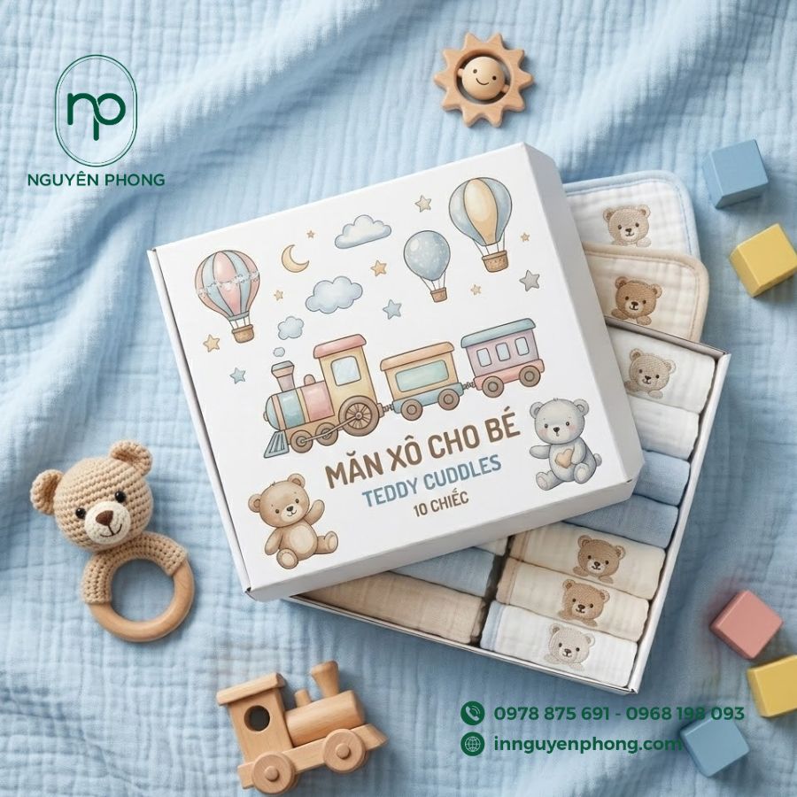 in hộp đựng khăn xô, khăn sữa cho em bé